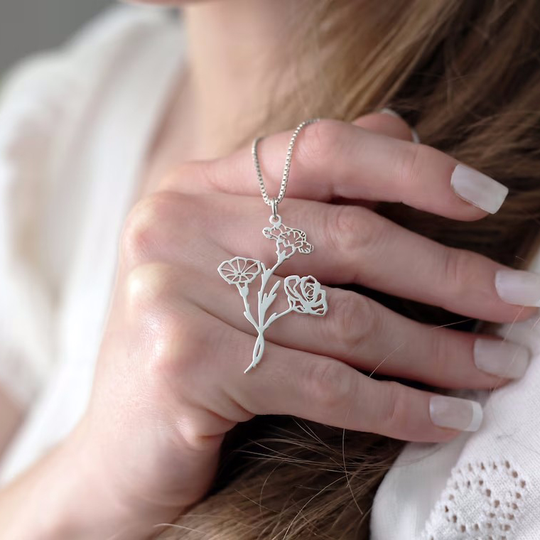 Combined BirthFlower Bouquet Necklace For Mother's Day