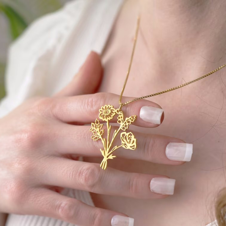 Combined BirthFlower Bouquet Necklace For Mother's Day
